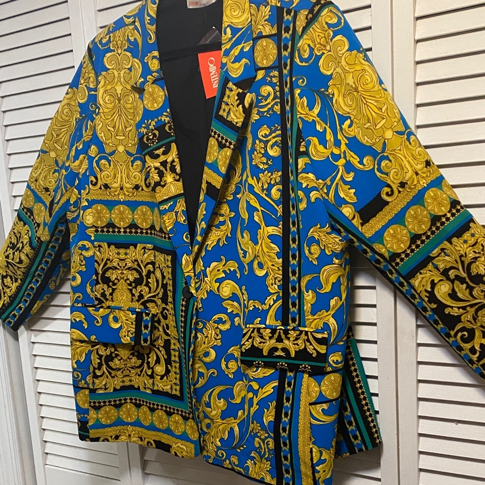 Versace Like Style Vibrant Blue & Gold Patterned Blazer New With Tags - Size 2X